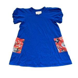 Mabel + Honey Dress Blue Orange Floral Pockets on Sides SZ 5 girls Puff Sleeves